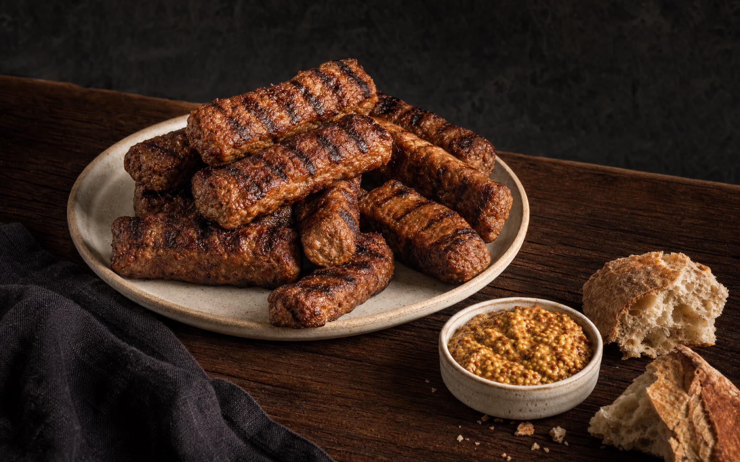 A platter of grilled mici with mustard and fresh bread