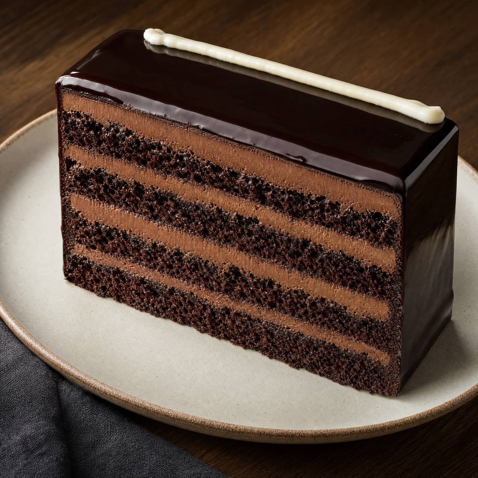Amandină, o bucată de prăjitură cu blat de cacao, cremă de ciocolată și glazură