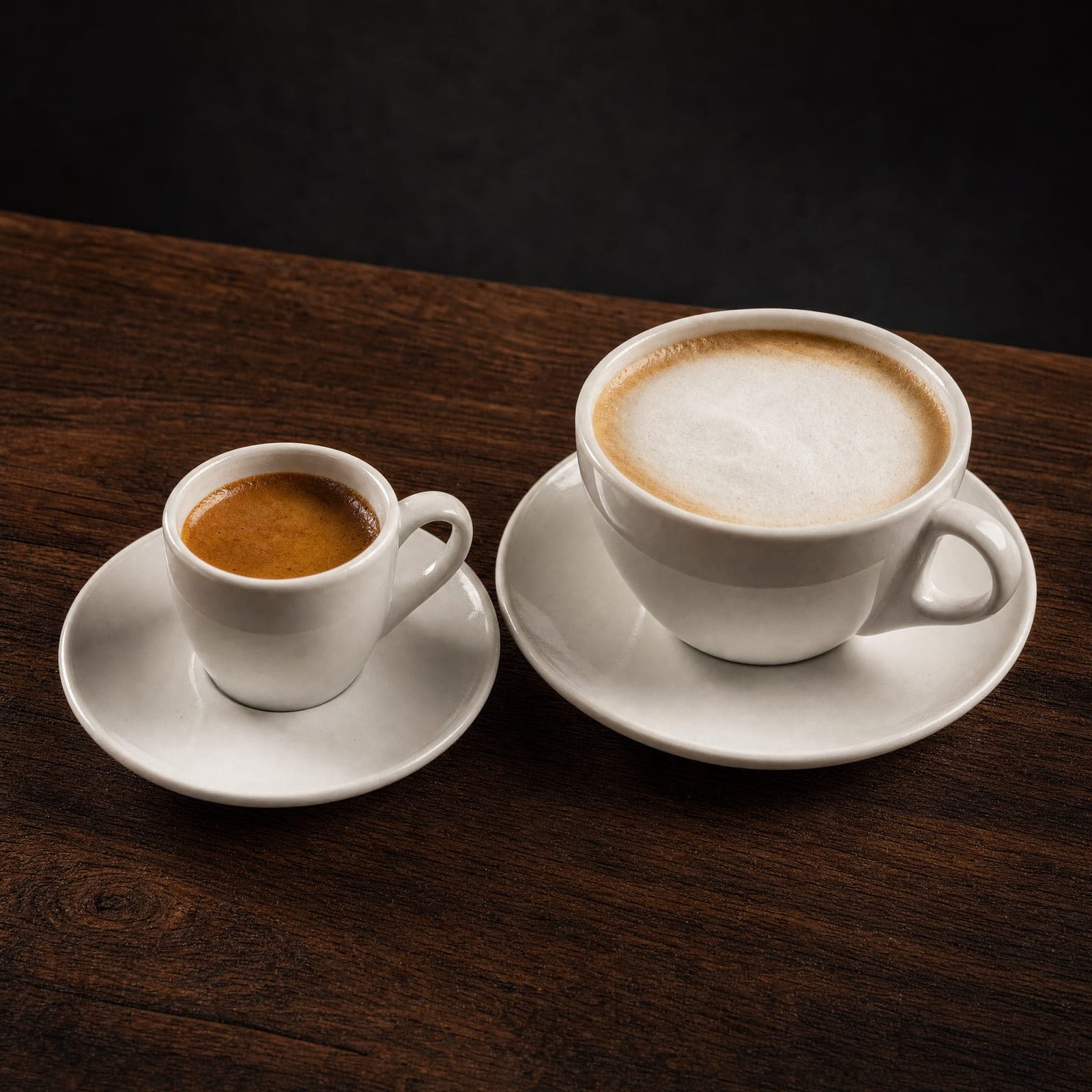 Cafea, un espresso în ceașcă mică lângă un cappuccino