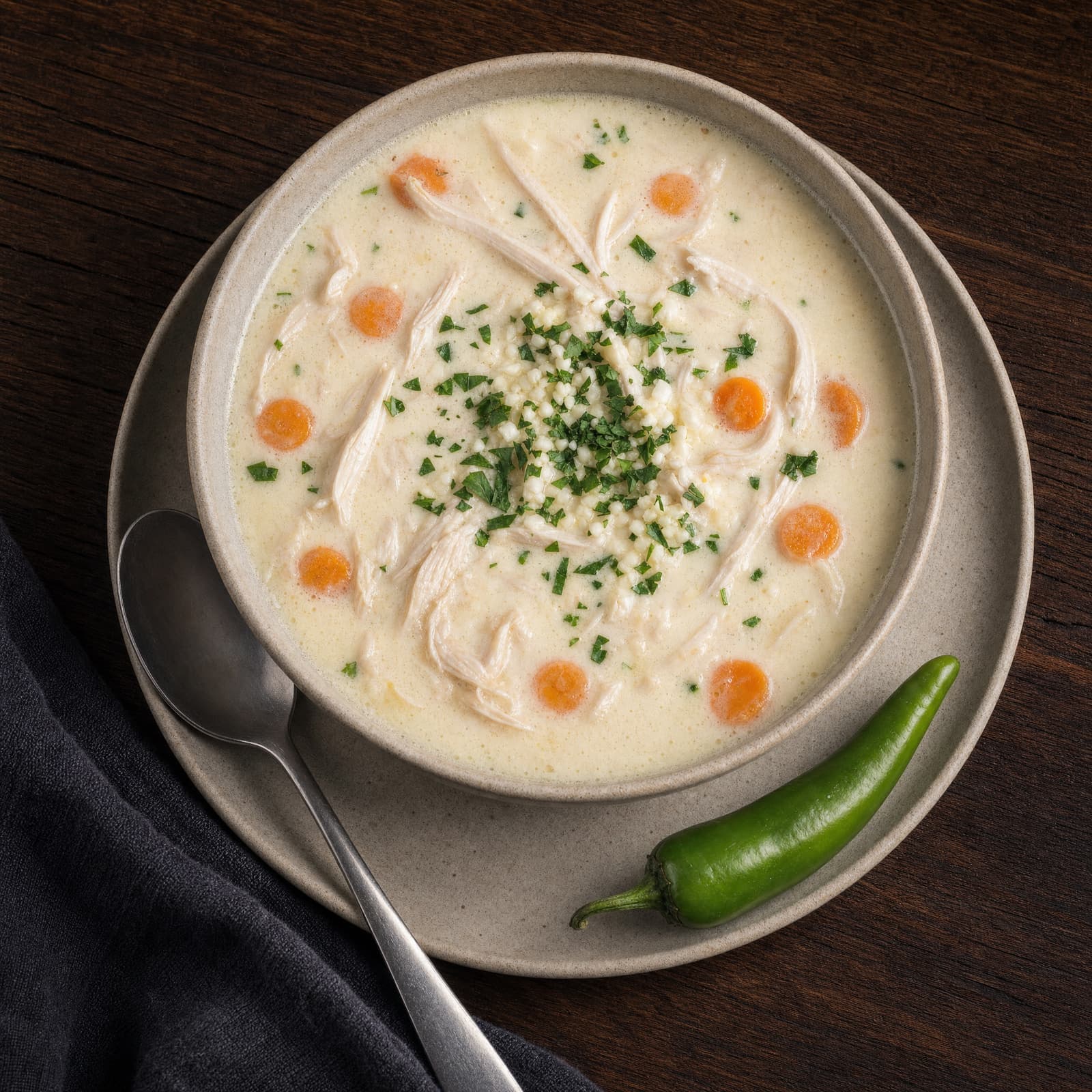 Ciorbă Rădăuțeană, creamy chicken sour soup with sour cream and garlic
