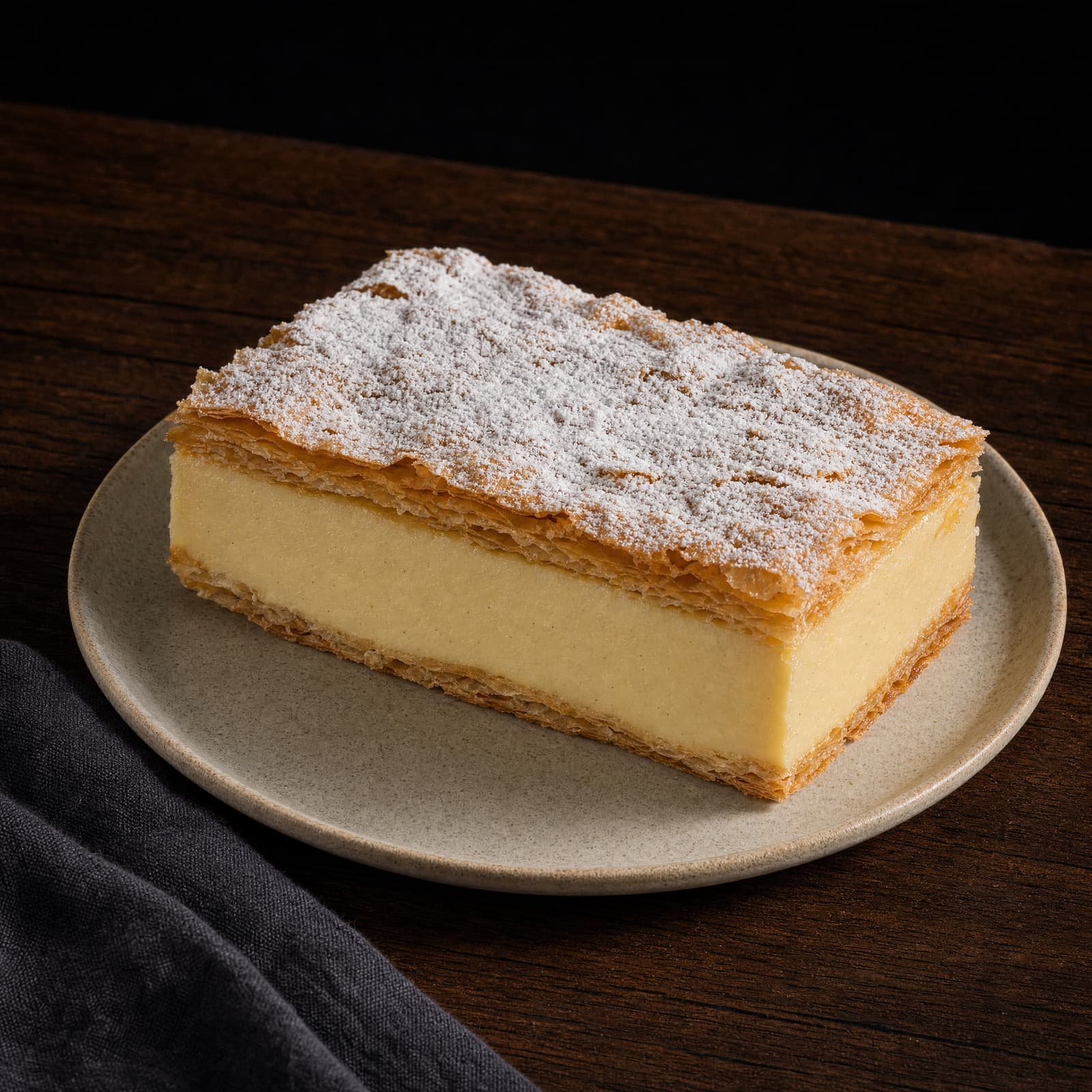 Cremeș, a slice of vanilla custard slice with powdered sugar