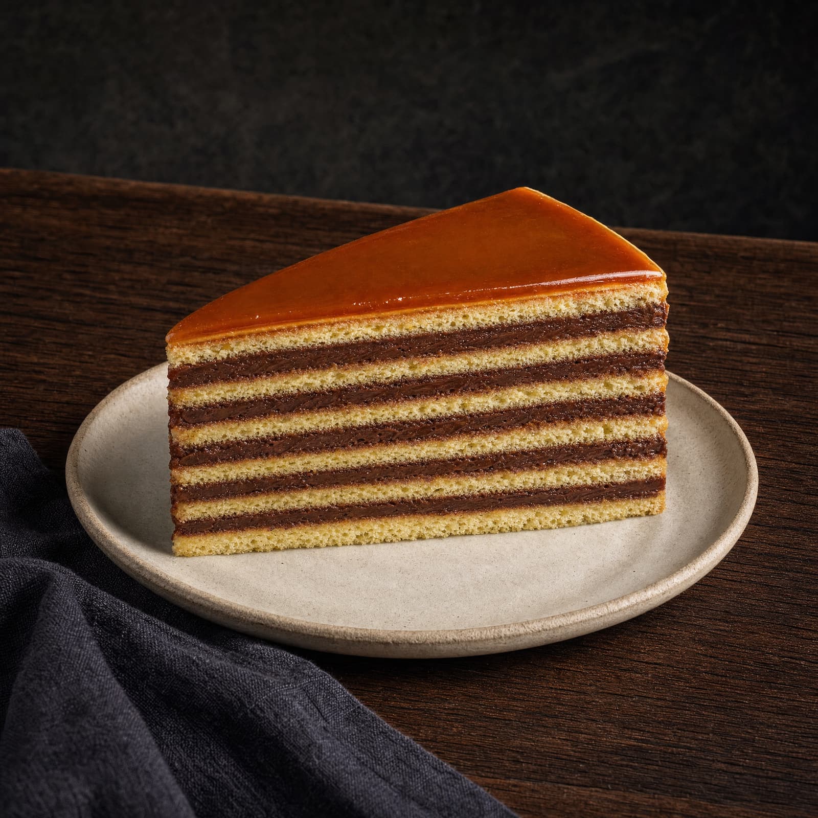 Doboș, a slice of Dobos torte with chocolate buttercream and caramel top