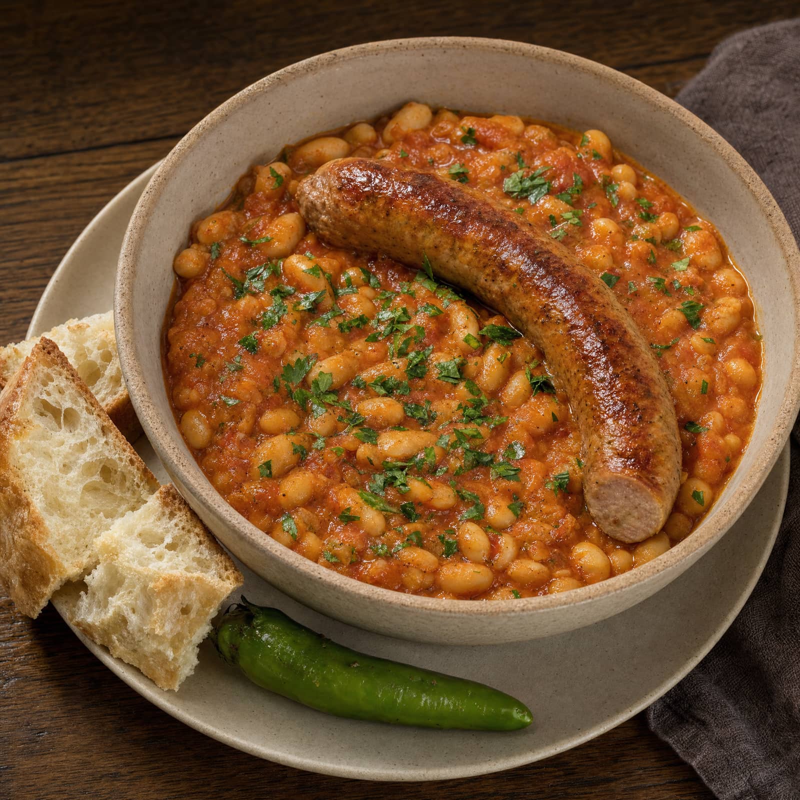 Fasole Scăzută cu Cârnați, baked beans with a fresh pork sausage and bread