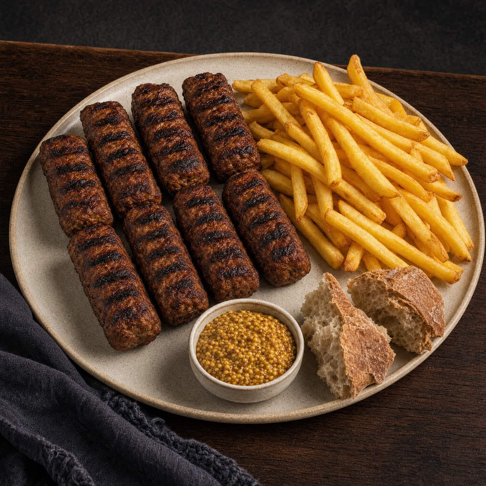 Mici, 8 bucăți, opt mici la grătar cu cartofi prăjiți, muștar și pâine