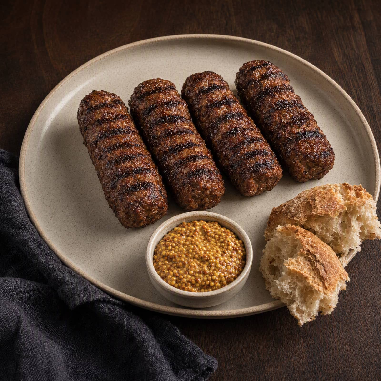 Mici, patru mici la grătar cu muștar și pâine
