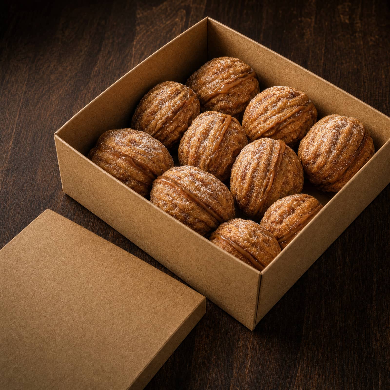 Nuci Umplute, walnut-shaped filled cookies in a box