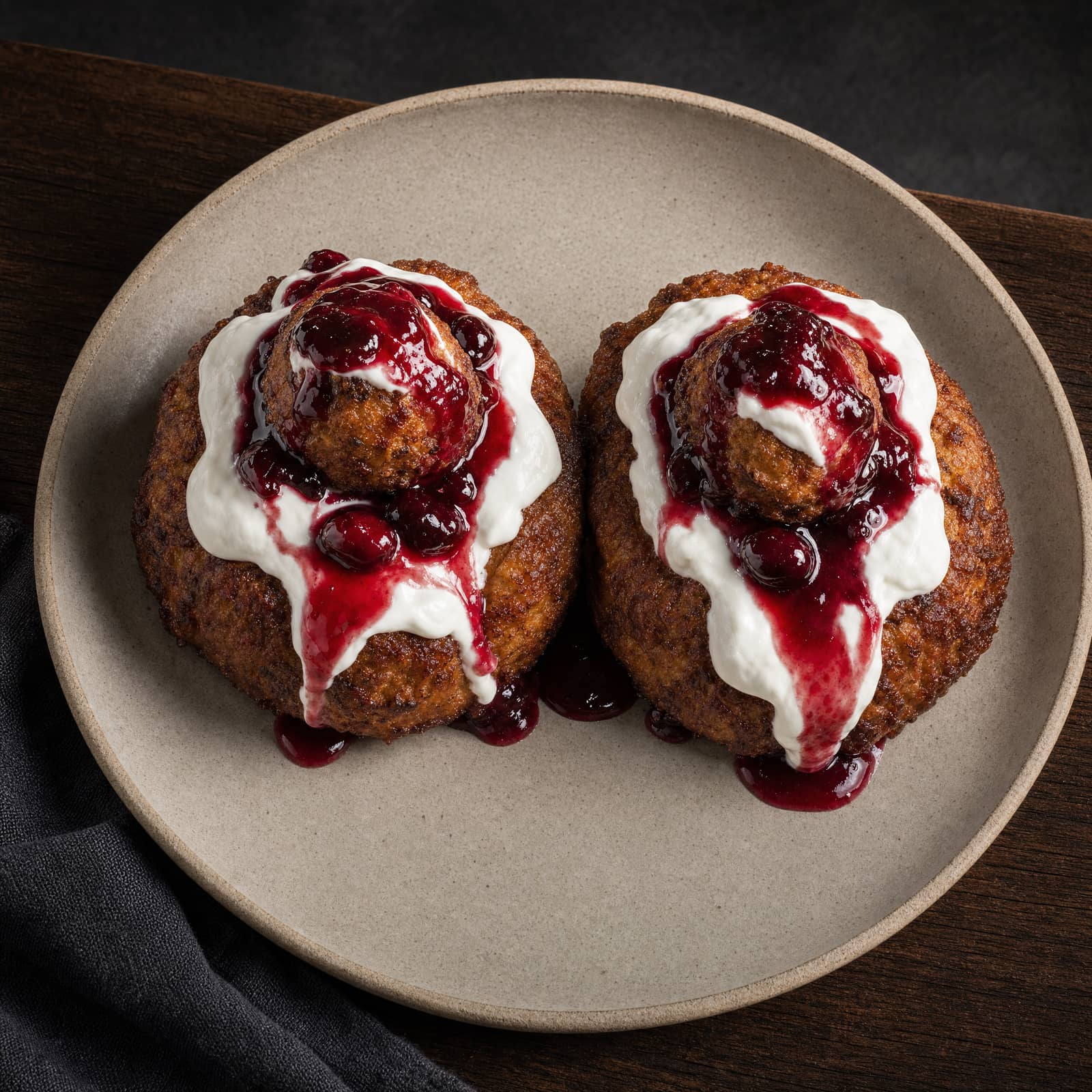 Papanași Prăjiți, two fried cheese dumplings with sour cream and berry jam