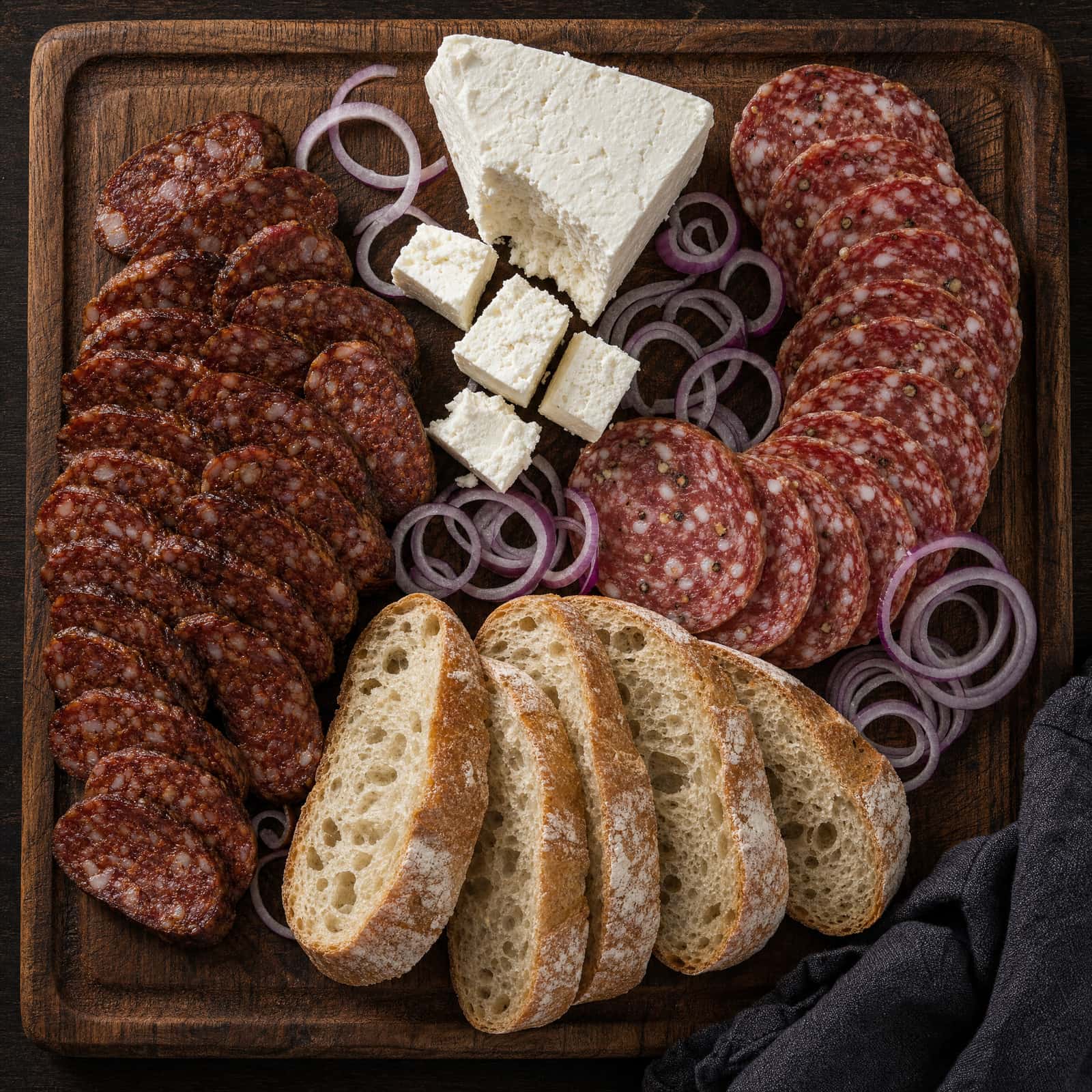 Platou Țărănesc Rece, cold board of smoked sausage, salami, cheese and bread