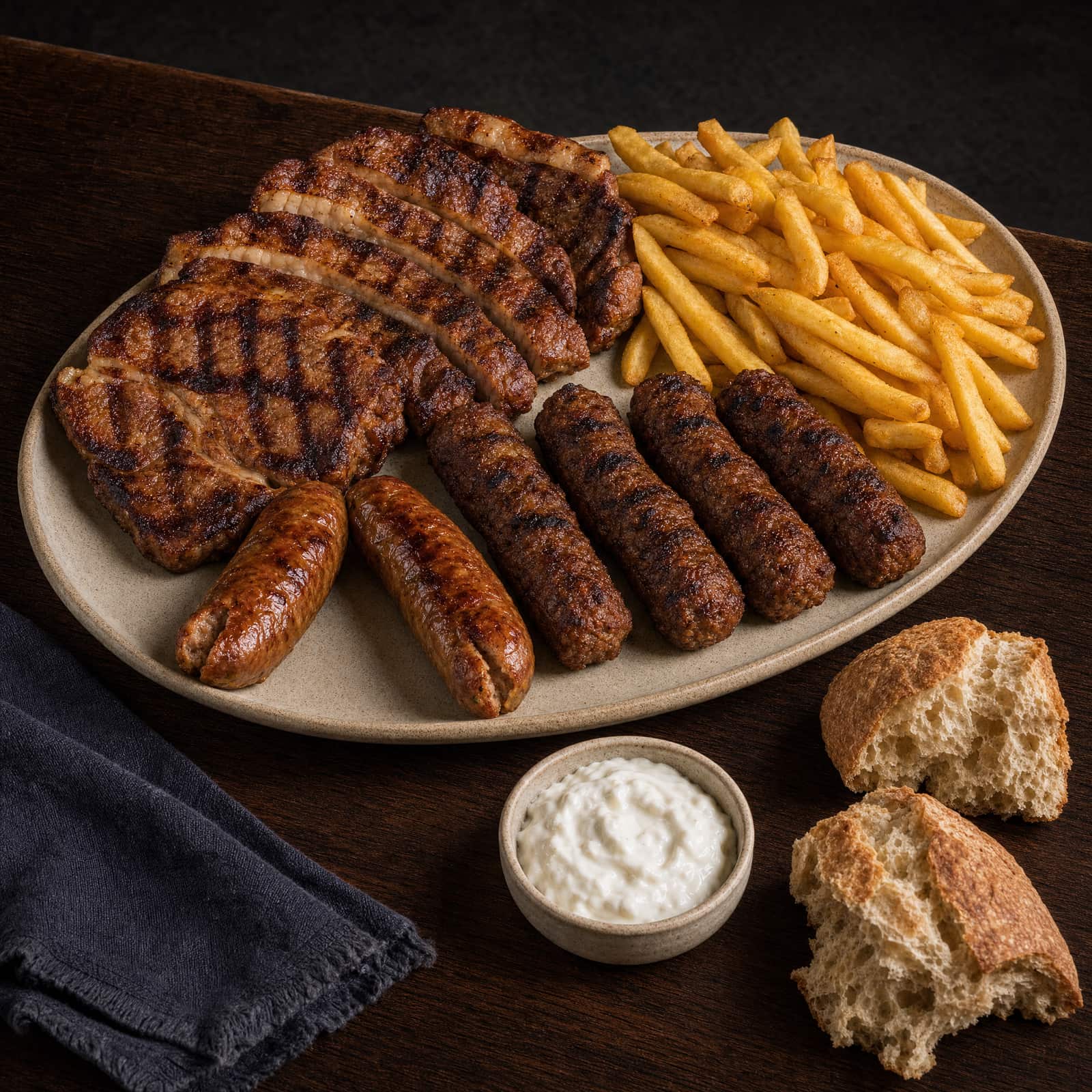 Platou Țărănesc la Grătar, platou la grătar cu ceafă, mici, cârnați și cartofi prăjiți