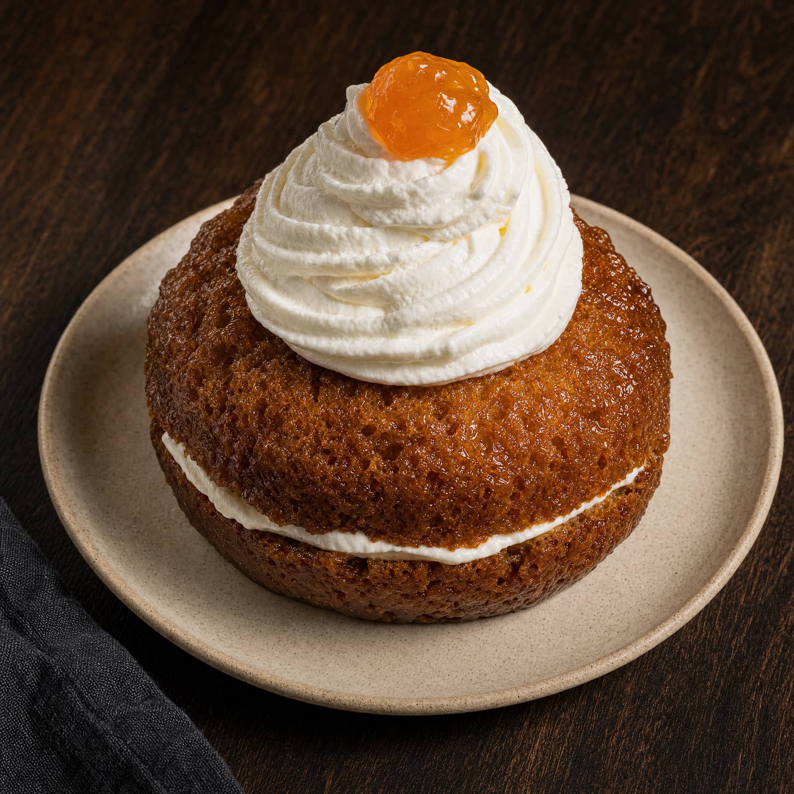 Savarină, a rum-syrup savarin with whipped cream