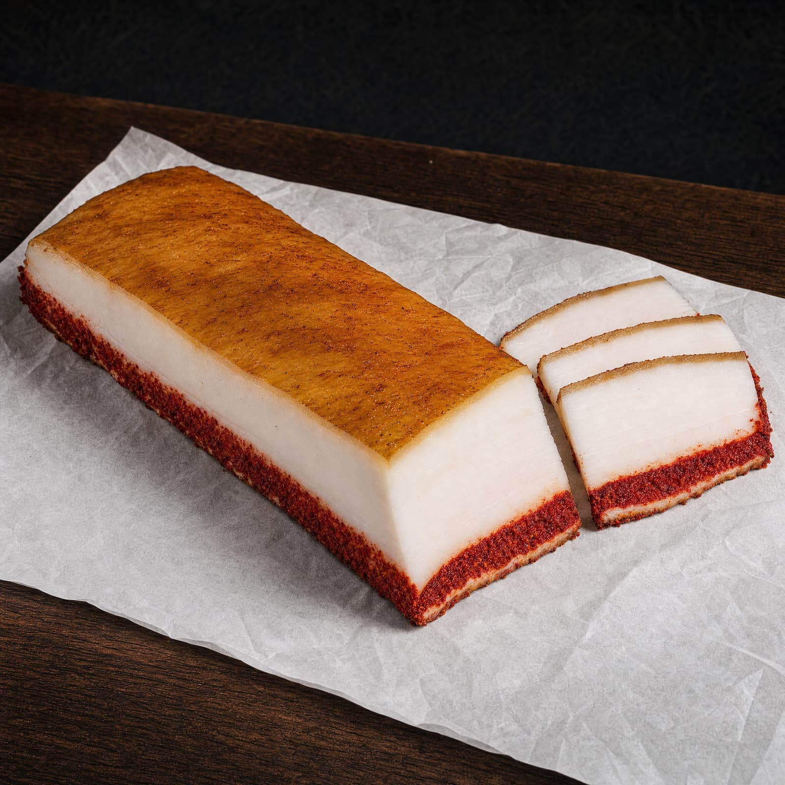 Slănină Afumată, smoked fatback with a paprika edge, sliced