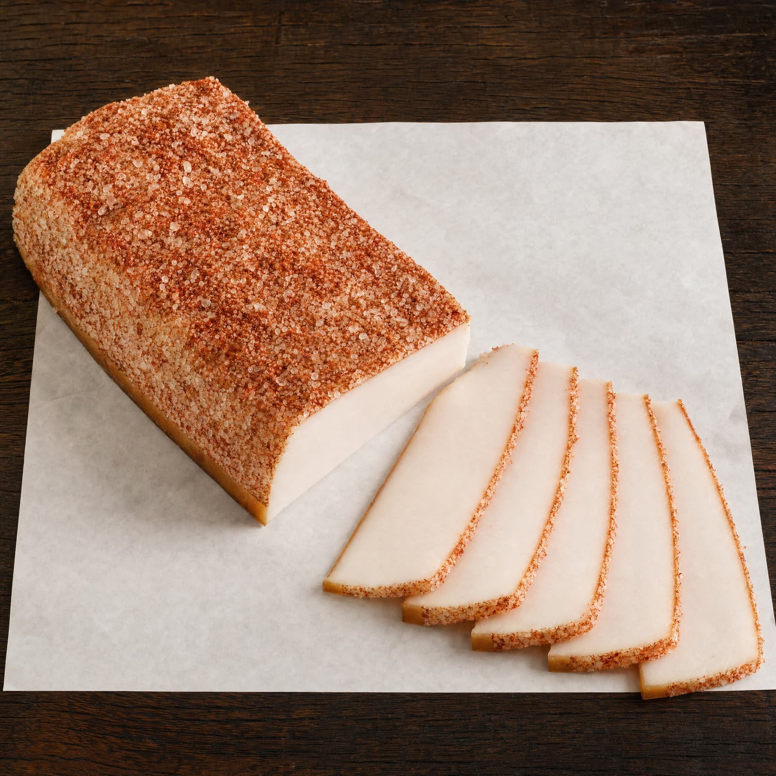 Slănină de Mangalița, salt-cured, cold-smoked Mangalița fatback, sliced