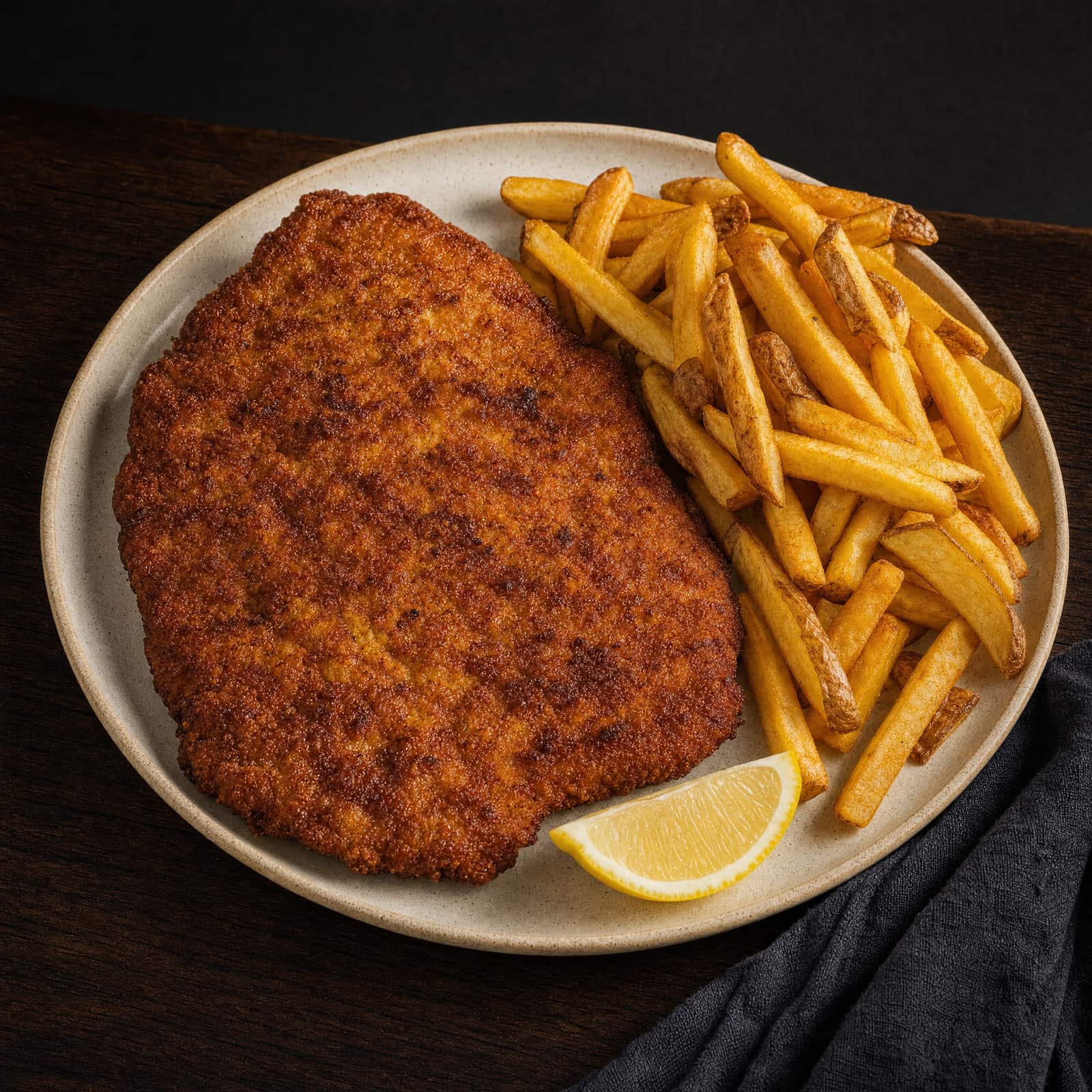 Șnițel cu Cartofi Prăjiți, breaded schnitzel with fries and a lemon wedge