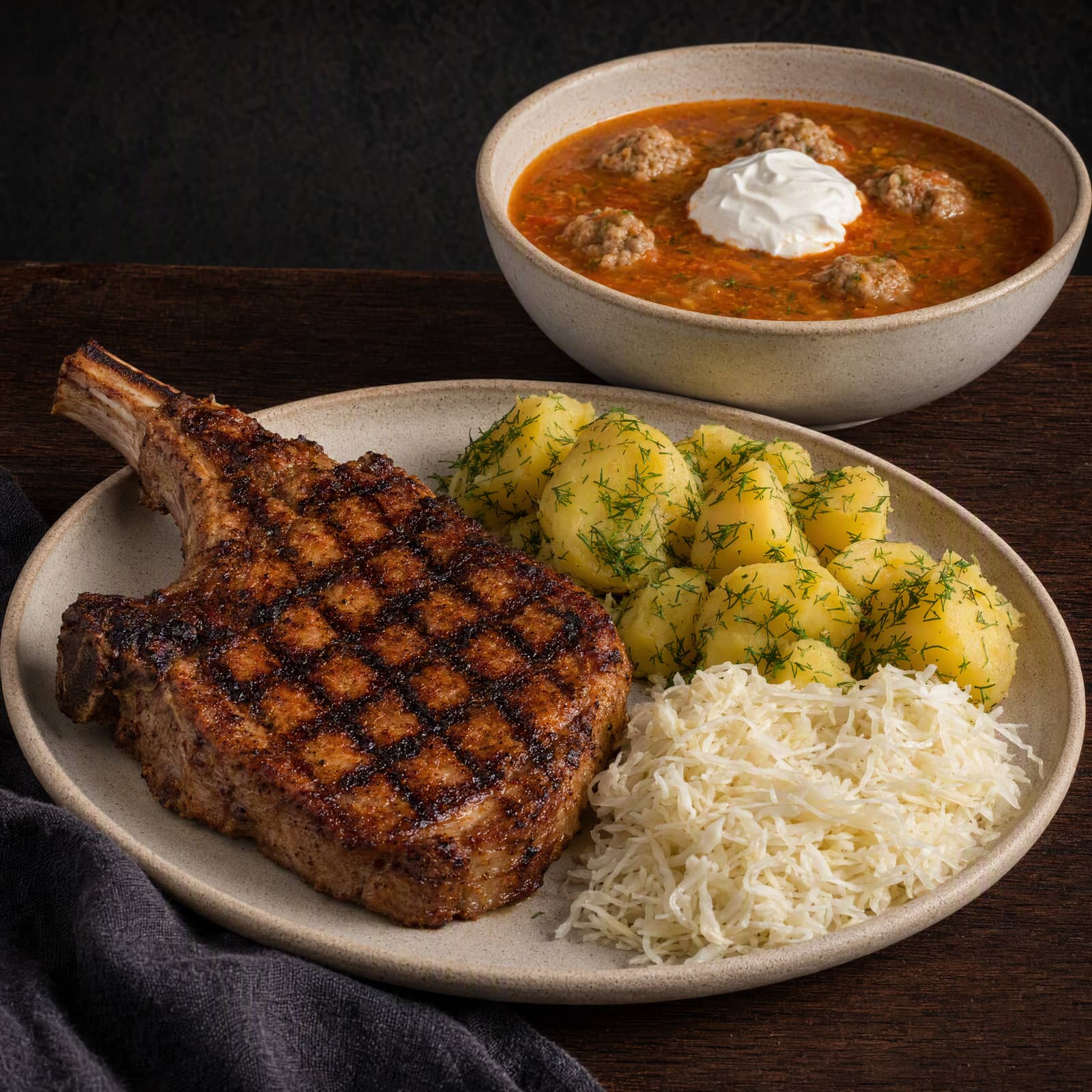 Farfuria de marți, Tuesday plate: meatball soup, grilled pork chop, dill potatoes, cabbage salad
