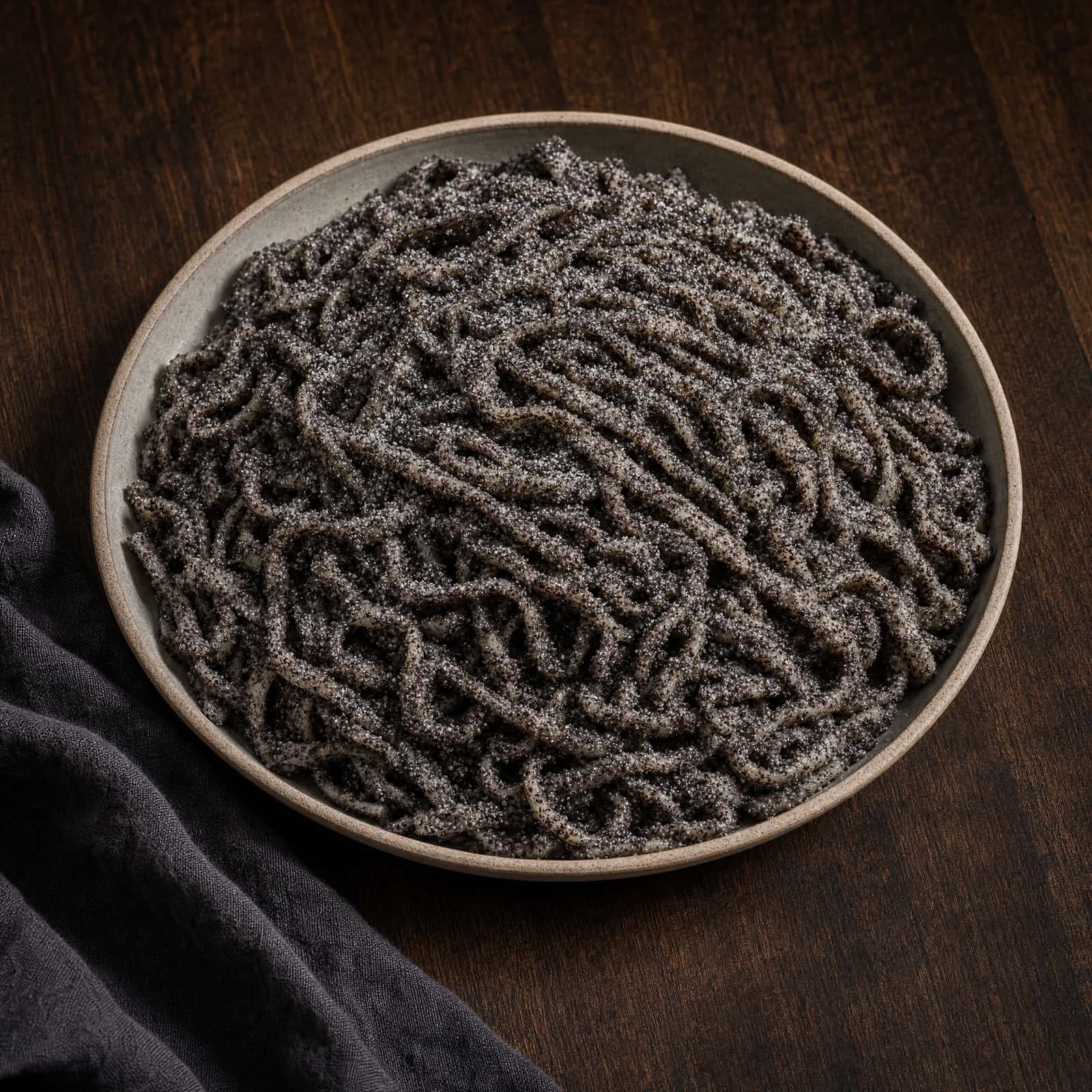 Tăiței cu Mac, wide egg noodles with ground poppy seed and sugar