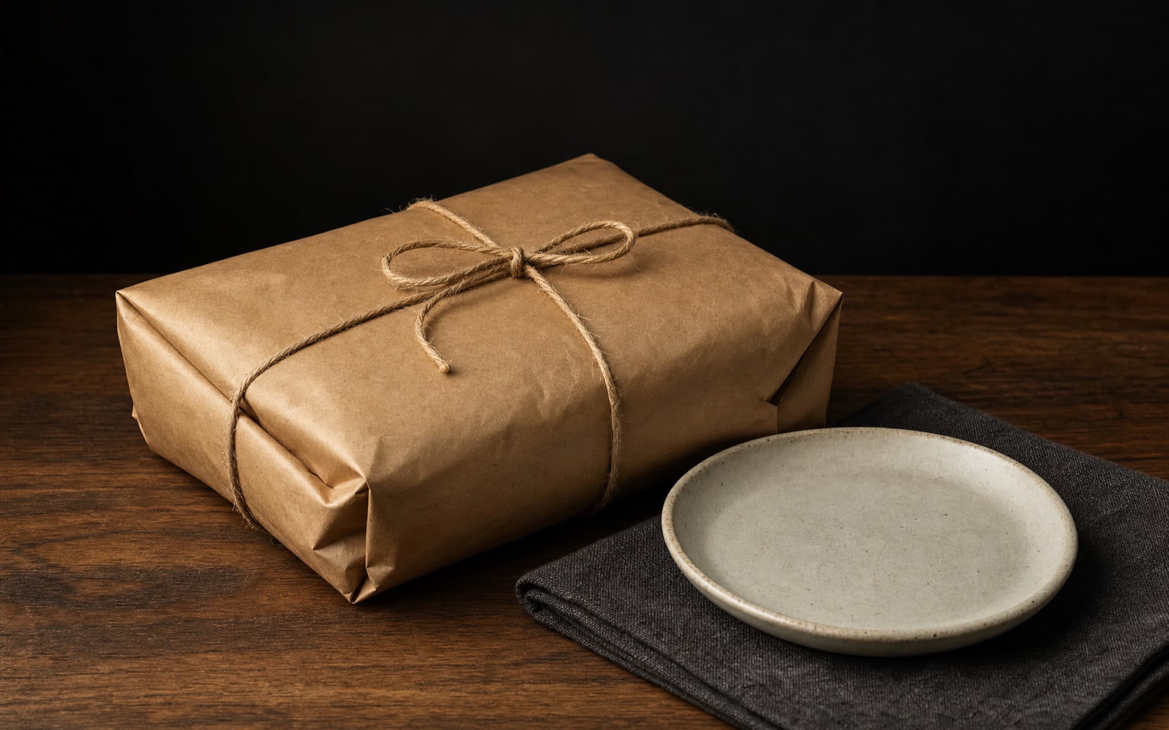 A butcher-paper parcel tied with twine beside a ceramic plate